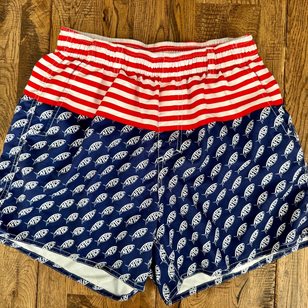 AFTCO American Flag Swim Trunks Volley Red White Blue‎ Fishing Men's Size S P
